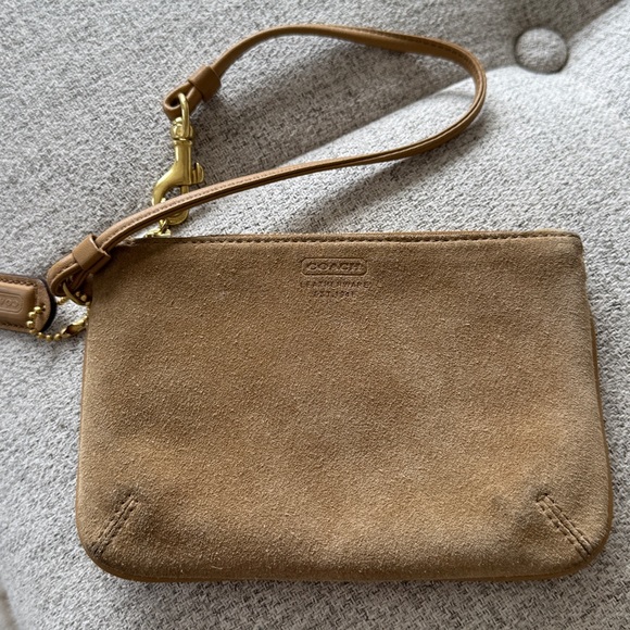 Vintage tan brown camel suede Coach wristlet wallet zipper coin pouch keys - Picture 8 of 14